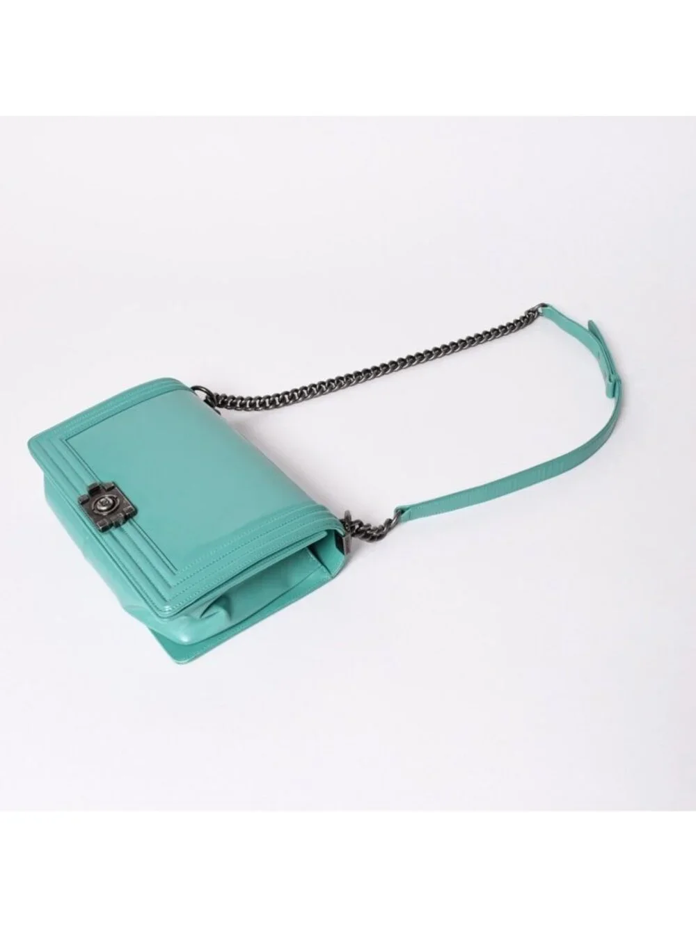 Chanel Boy Large Chain Shoulder Bag CC Logo Calfskin Turquoise